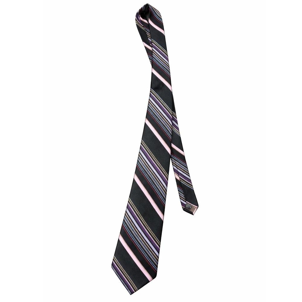 Calvin Klein Mens Silk Necktie Black Pink Purple Striped Designer Tie RN13388